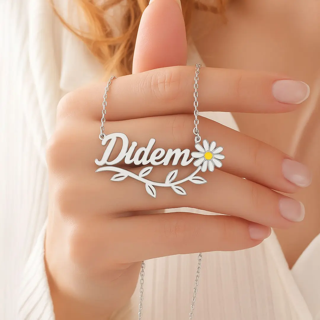 Enamel Daisy Personalized White Silver Necklace