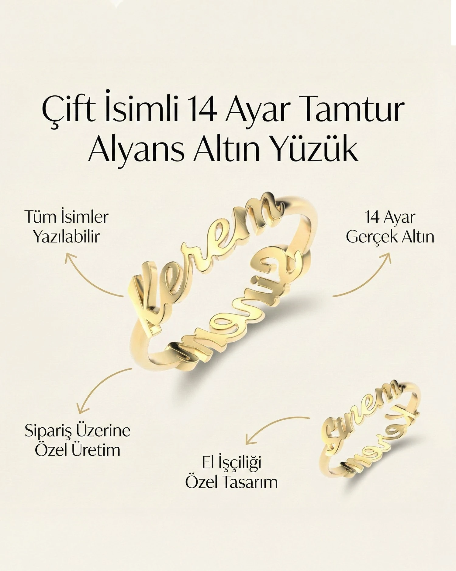 Çift İsimli 14 Ayar Tamtur Alyans Altın Yüzük