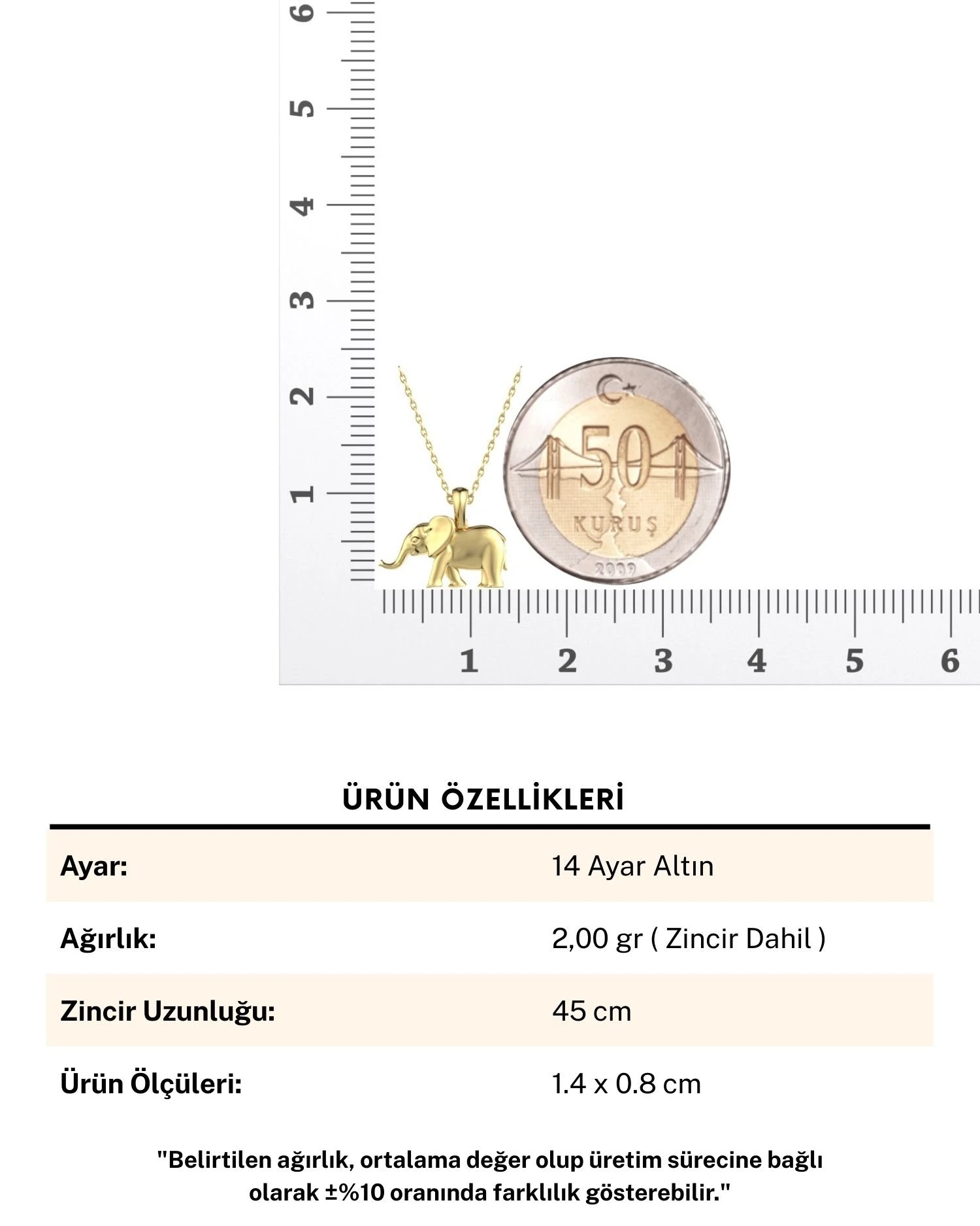 Üç Boyutlu Sade Minik Fil 14 Ayar Altın Kolye