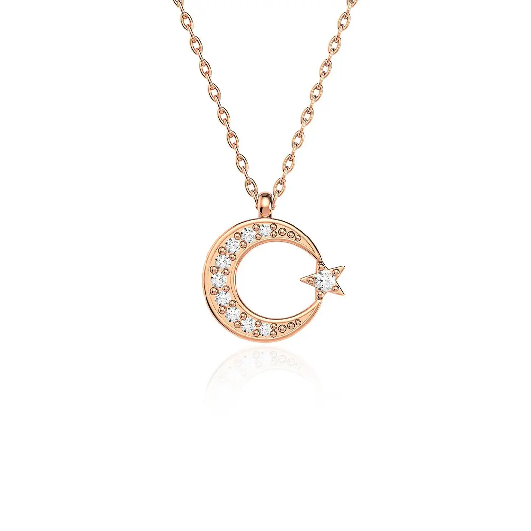 Small Star and Crescent Rose Silver Necklace