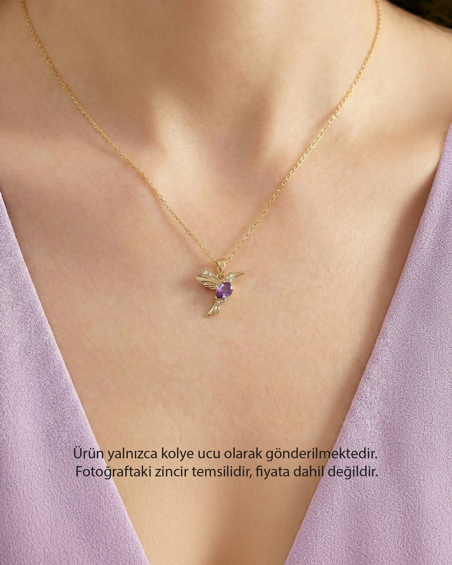 Ametist Damla Taşlı Arı Kuşu 14 Ayar Altın Kolye Ucu