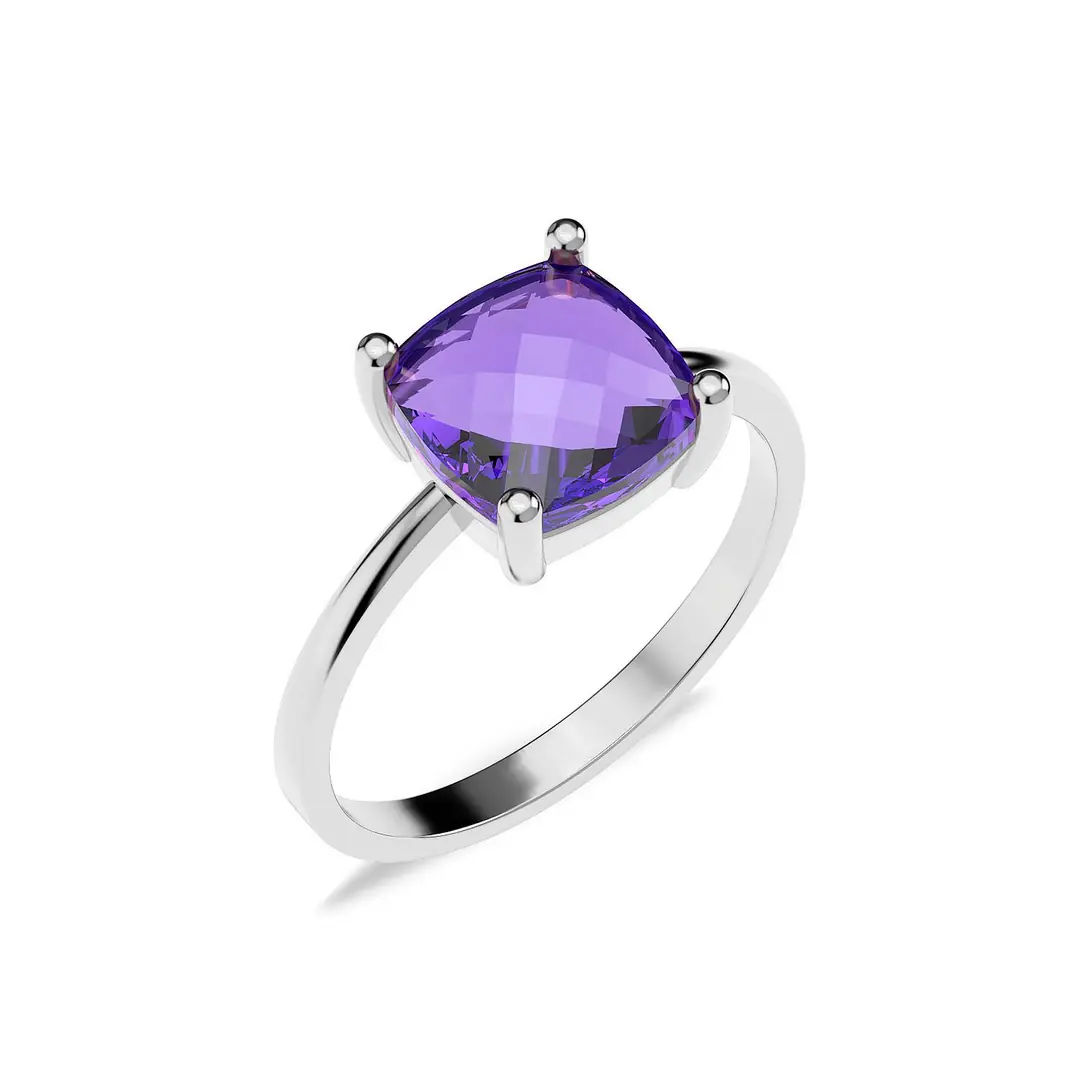 Square Amethyst Stone-set Solitaire White Silver Ring