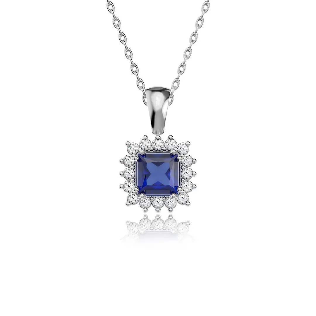 Square Sapphire Stone-set Anturaj White Silver Necklace