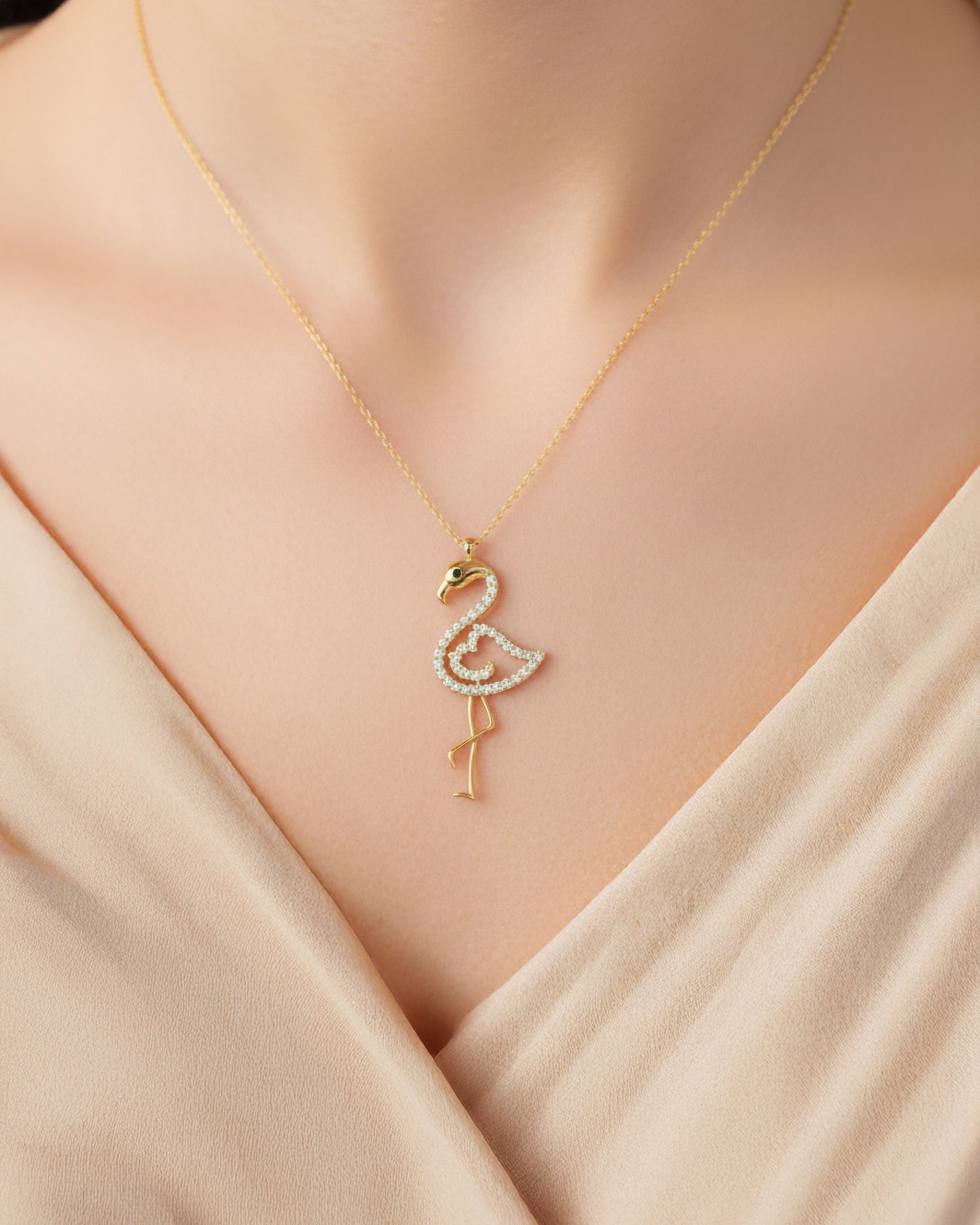 Taşlı Flamingo 14 Ayar Altın Kolye