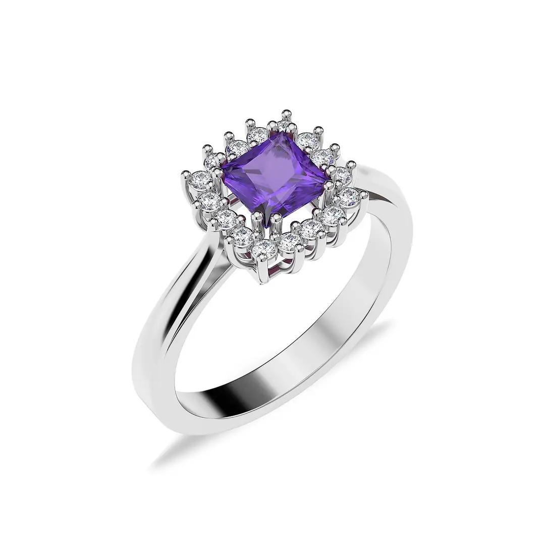 Square Amethyst Stone-set Anturaj Diamond Mount White Silver Ring