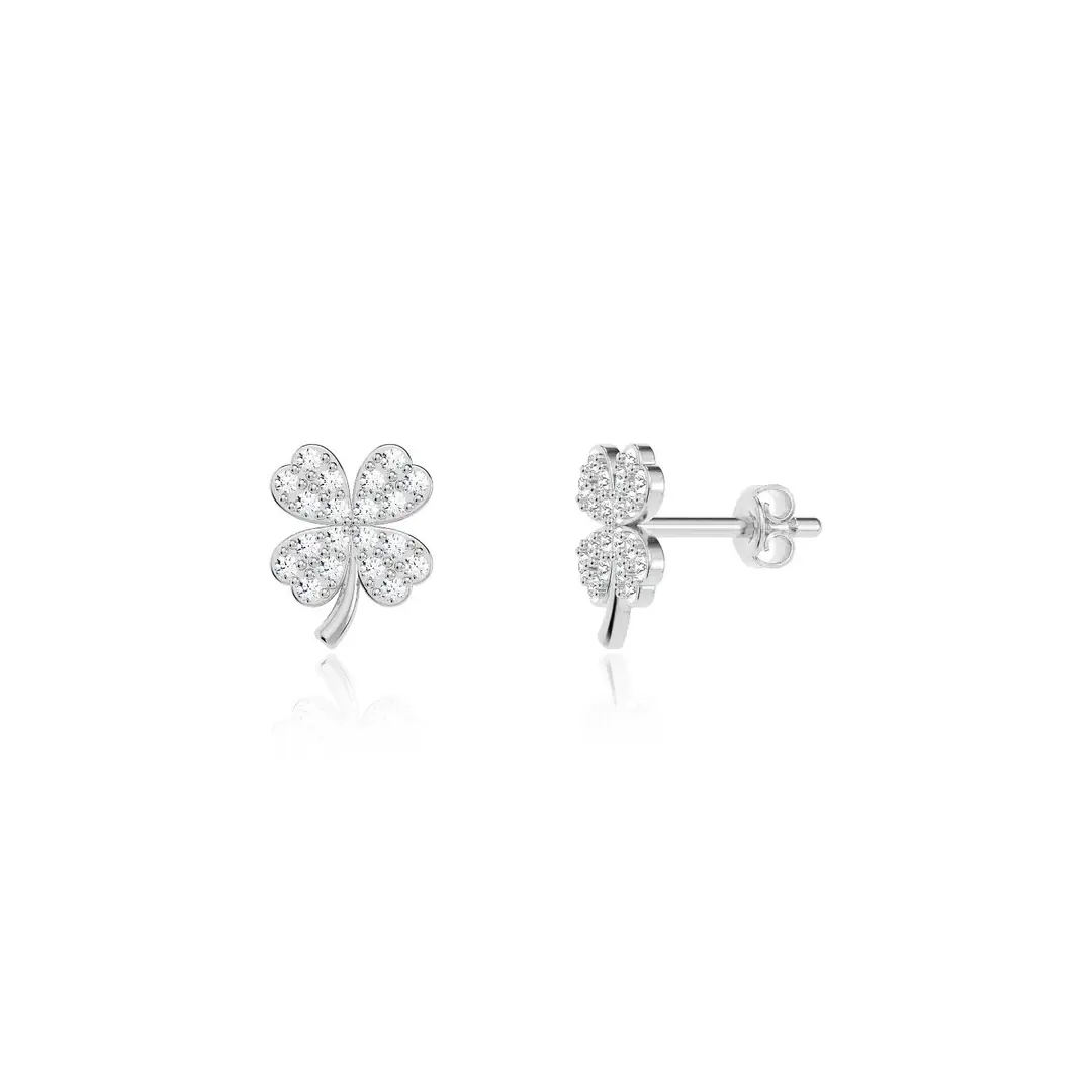 Small Clover White Stud Silver Earrings