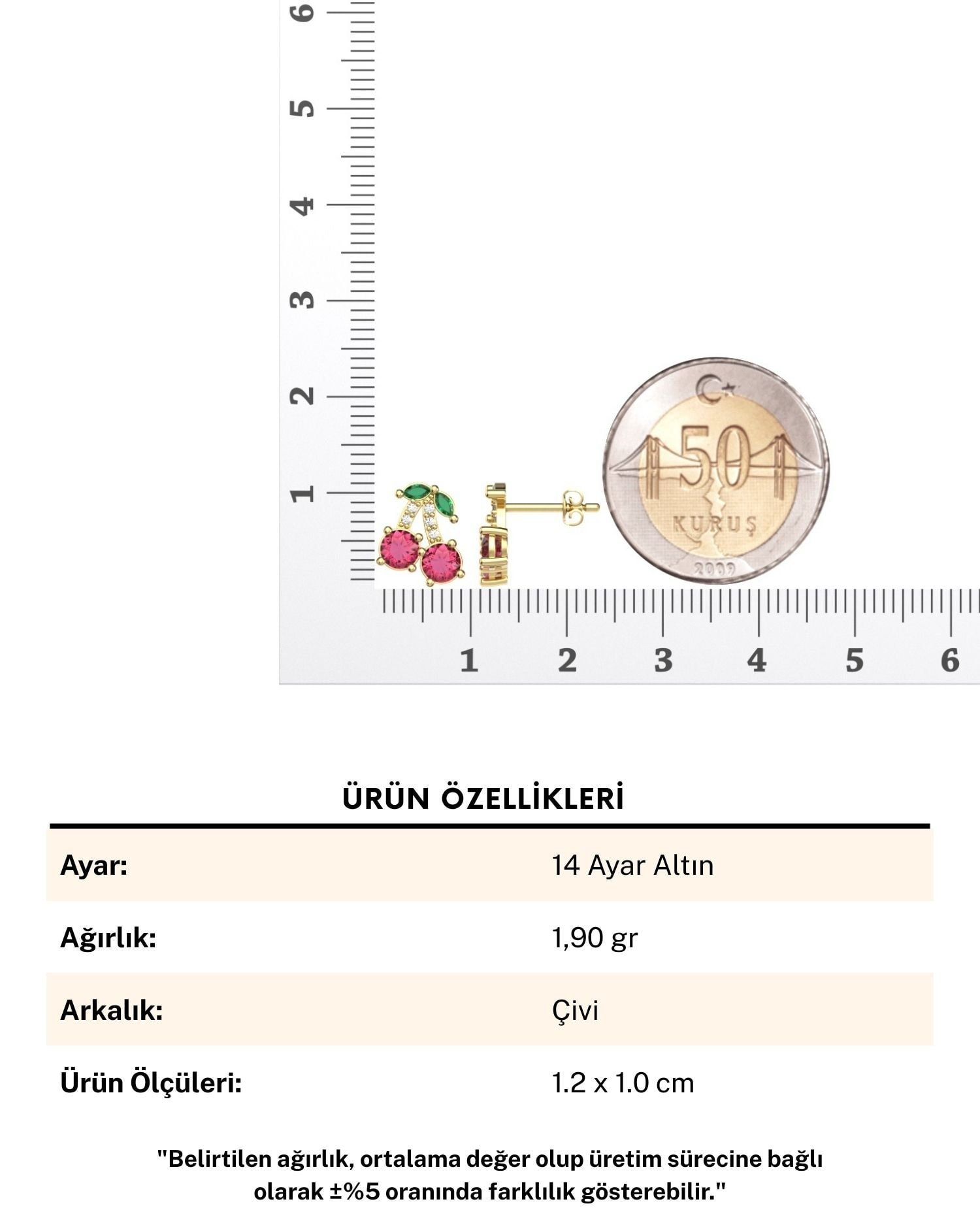 Taşlı Kiraz 14 Ayar Altın Küpe