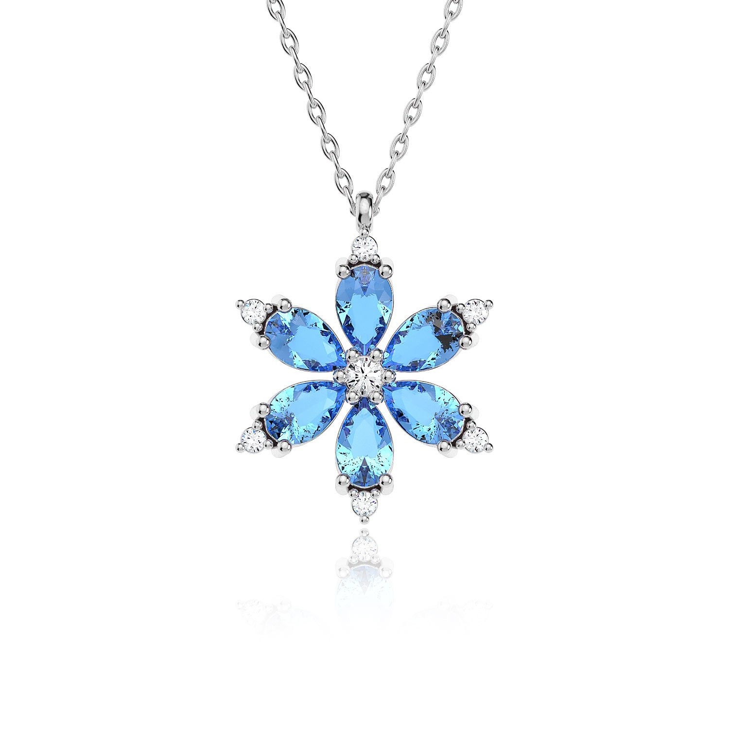 Işıklı Kutuda Aqua Taşlı Lotus Çiçeği Beyaz Gümüş Kolye