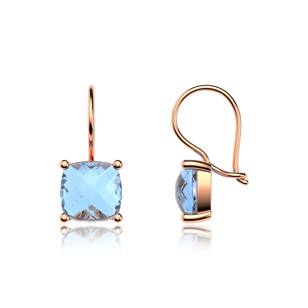 Square Aqua Stone-set Solitaire Rose Silver Earrings