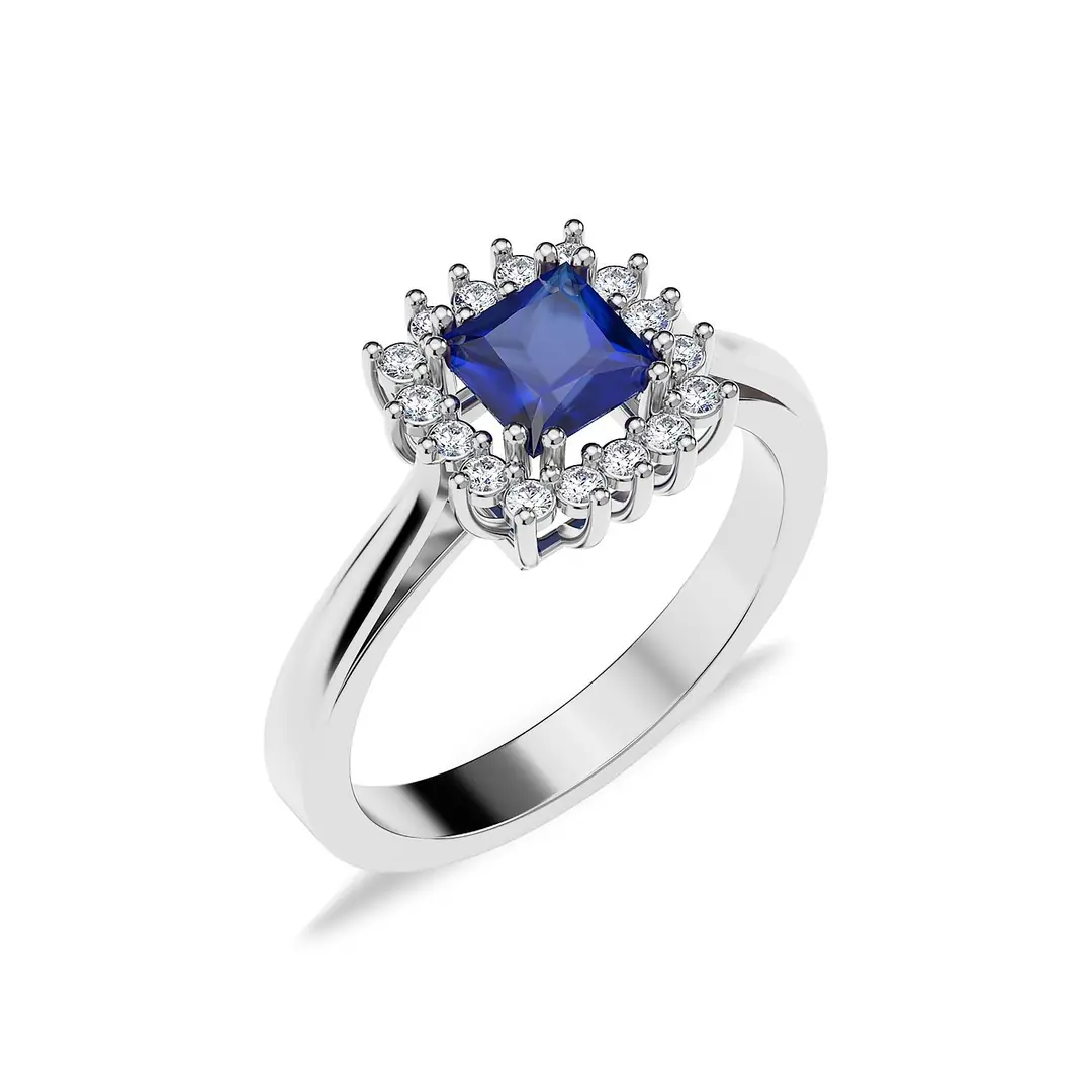 Square Sapphire Stone-set Anturaj Diamond Mount White Silver Ring