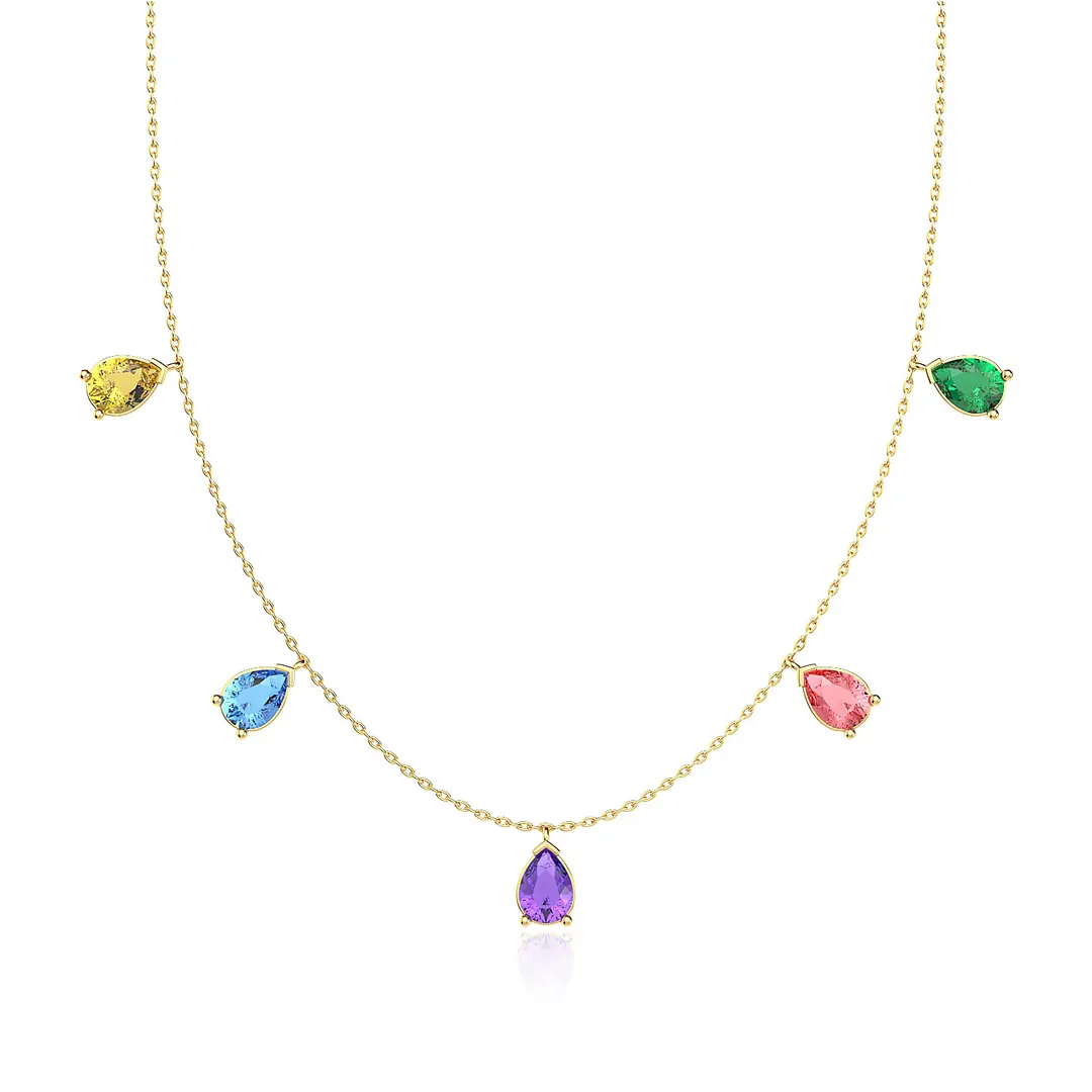 Mixed Colored Drop Stones Gold Plated Silver Necklace