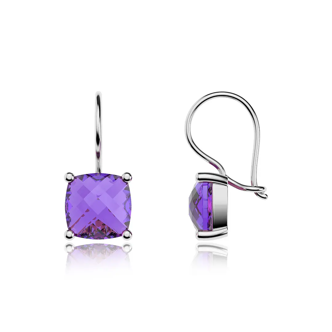 Square Amethyst Stone-set Solitaire White Silver Earrings