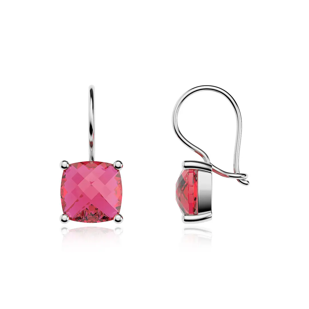 Square Fuşya Stone-set Solitaire White Silver Earrings