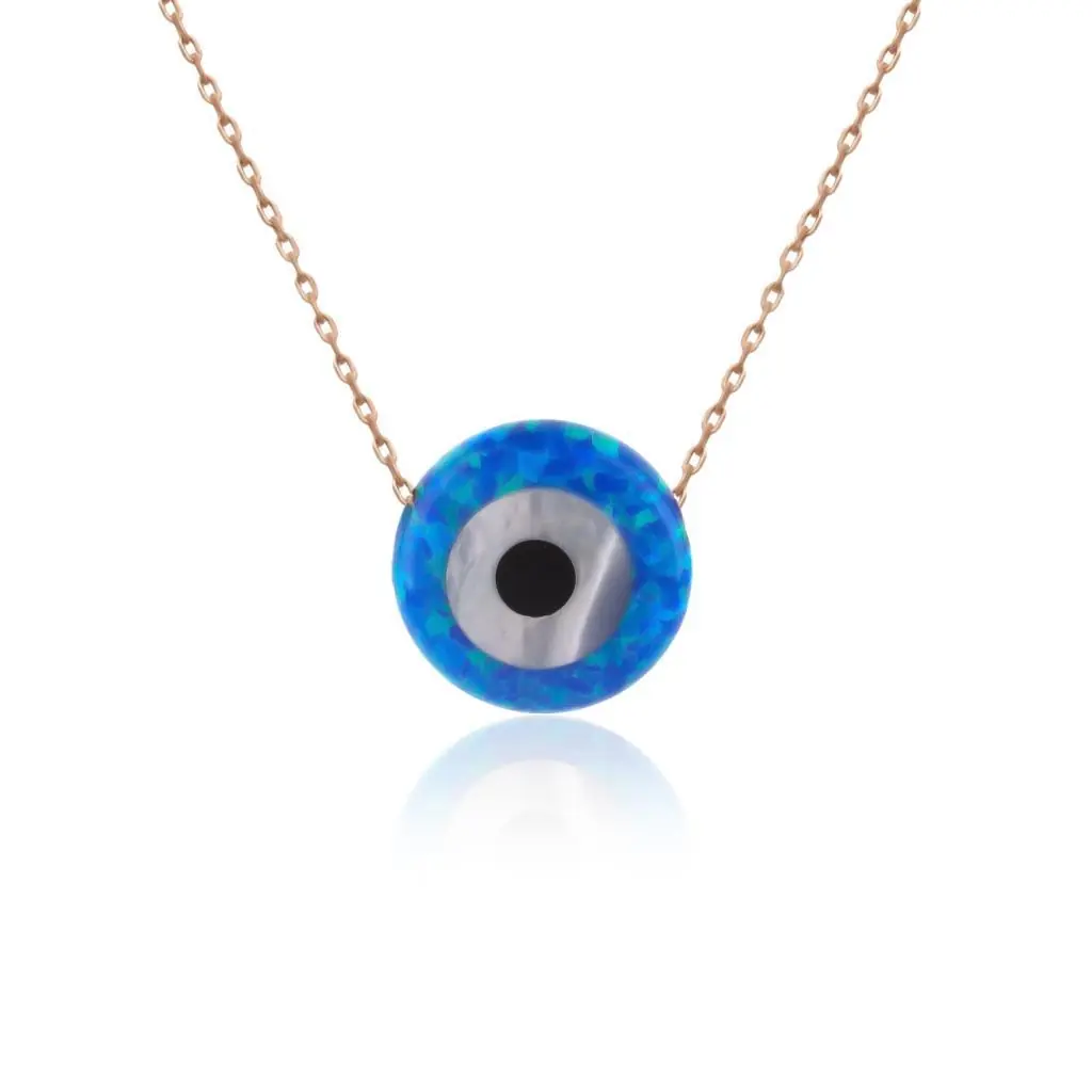 Blue Mother-of-Pearl Stone Evil Eye Silver Necklace