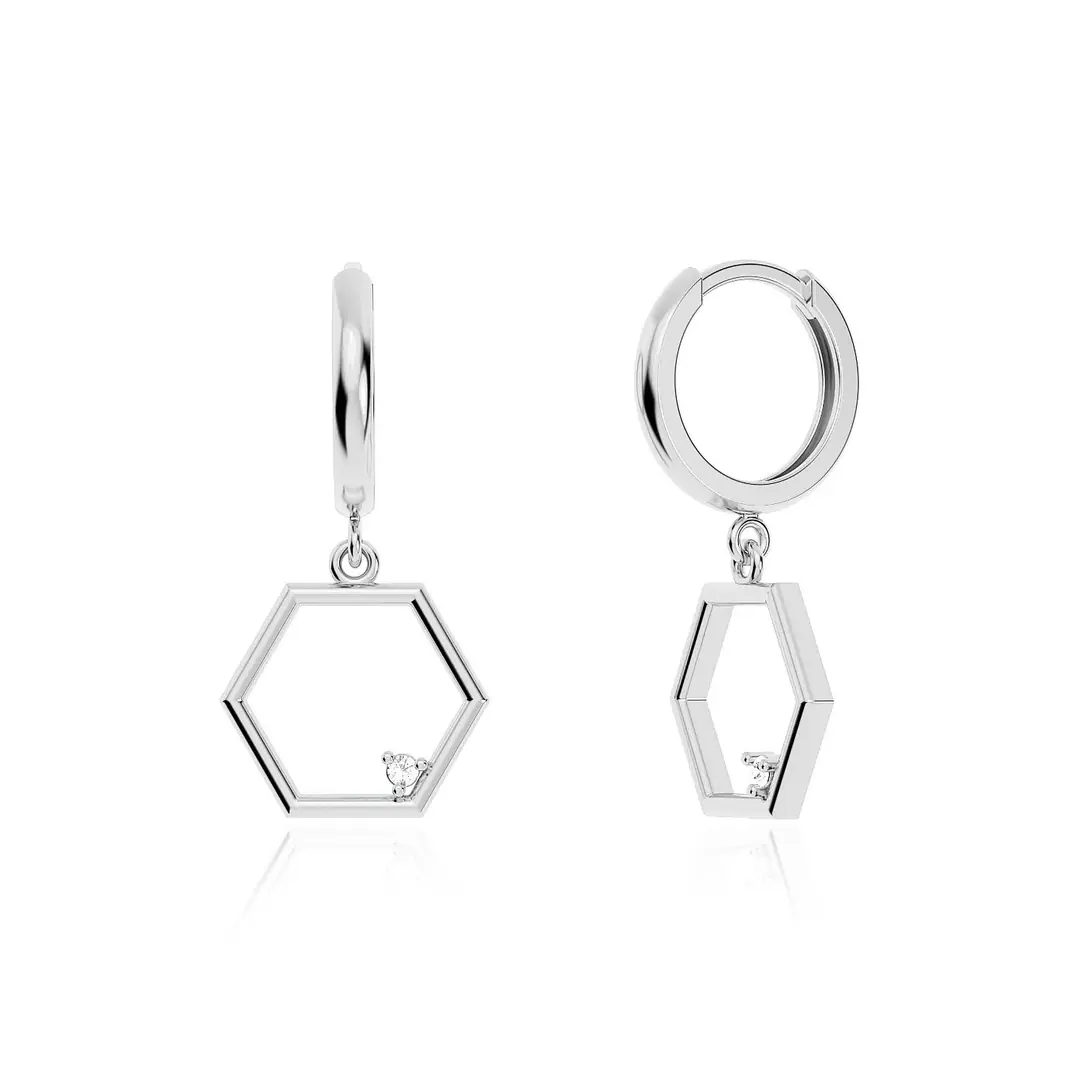 Small Hexagon Frame White Silver Earrings