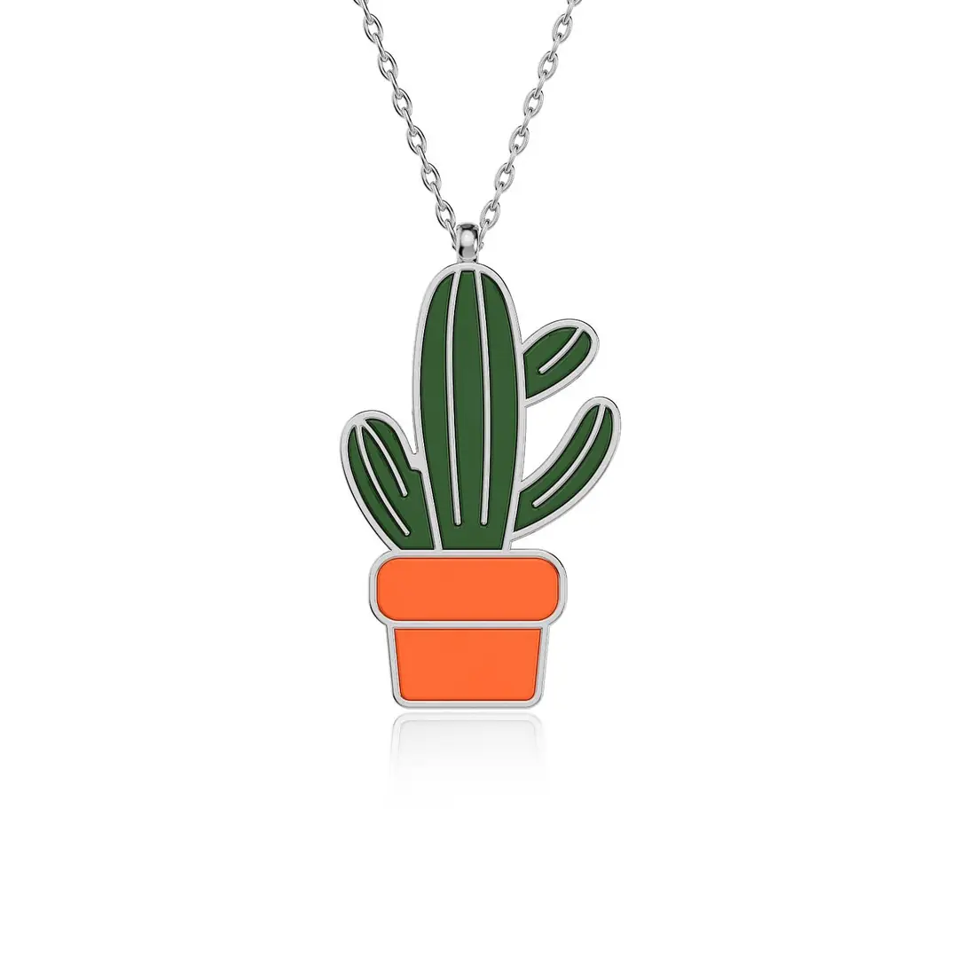 Enamel Kaktüs White Silver Necklace