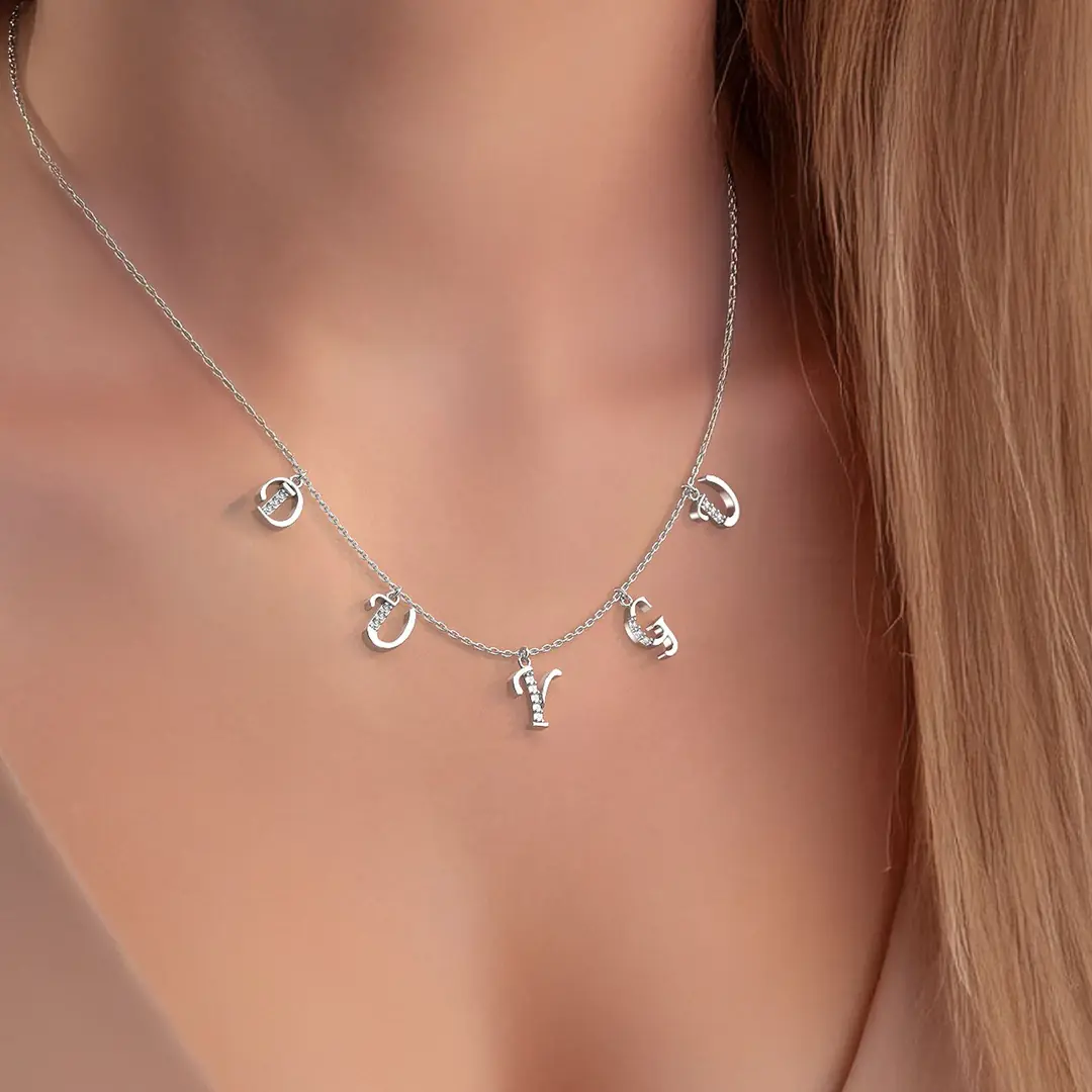 Personalized Five Initial Name White Silver Necklace