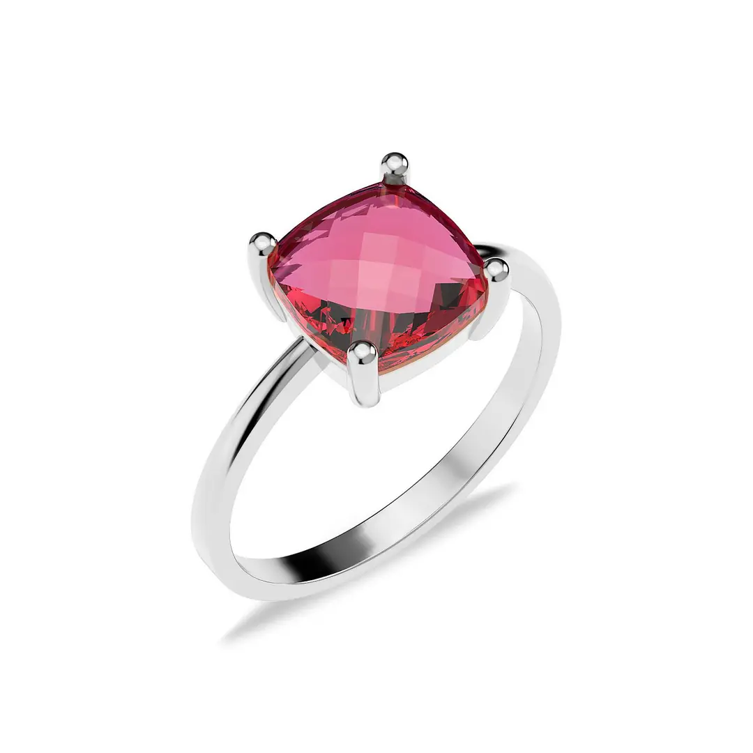 Square Fuşya Stone-set Solitaire White Silver Ring