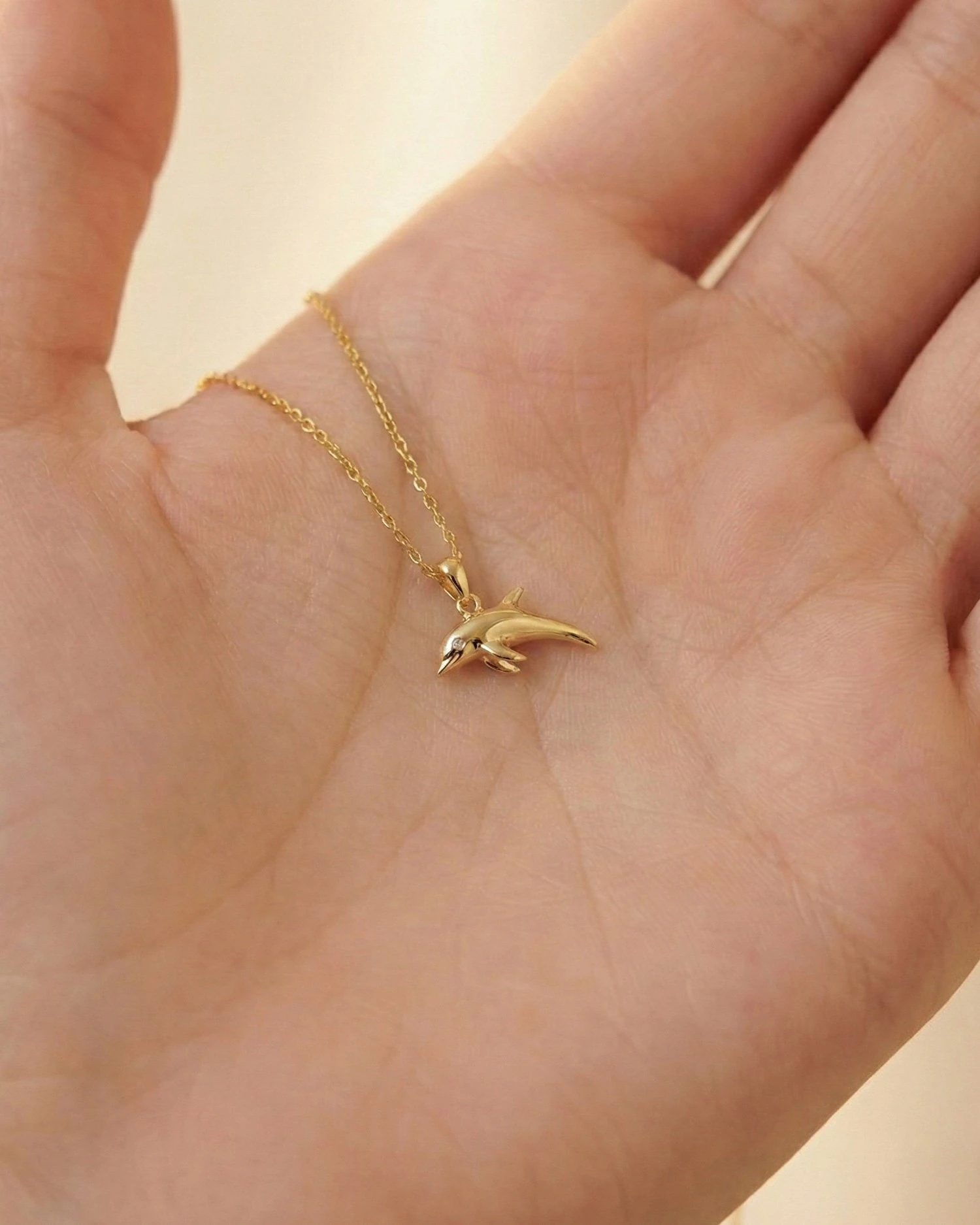 Üç Boyutlu Sade Minik Yunus 14 Ayar Altın Kolye