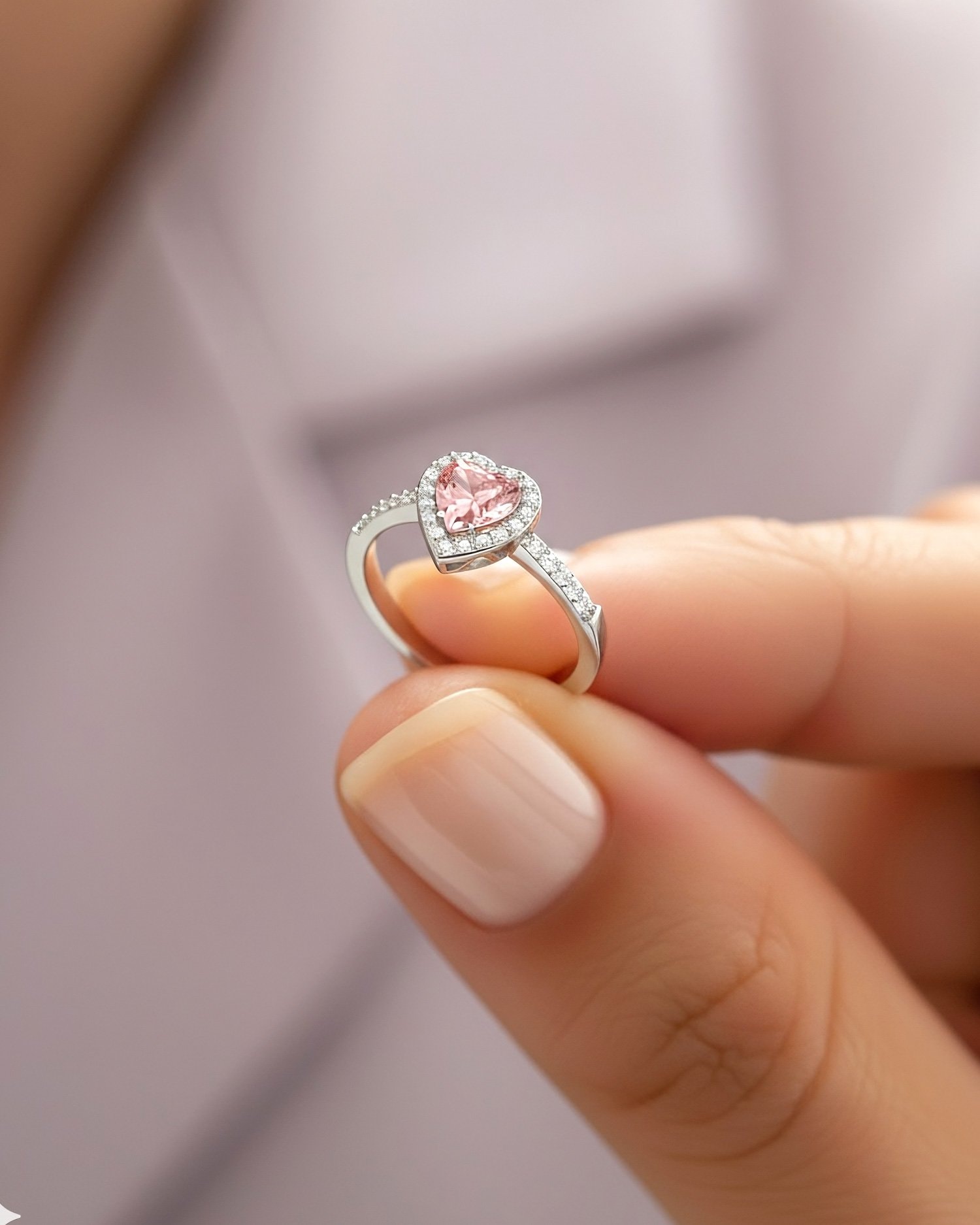Pembe Kalp Taşlı Pırlanta Görünümlü Beyaz Gümüş Yüzük