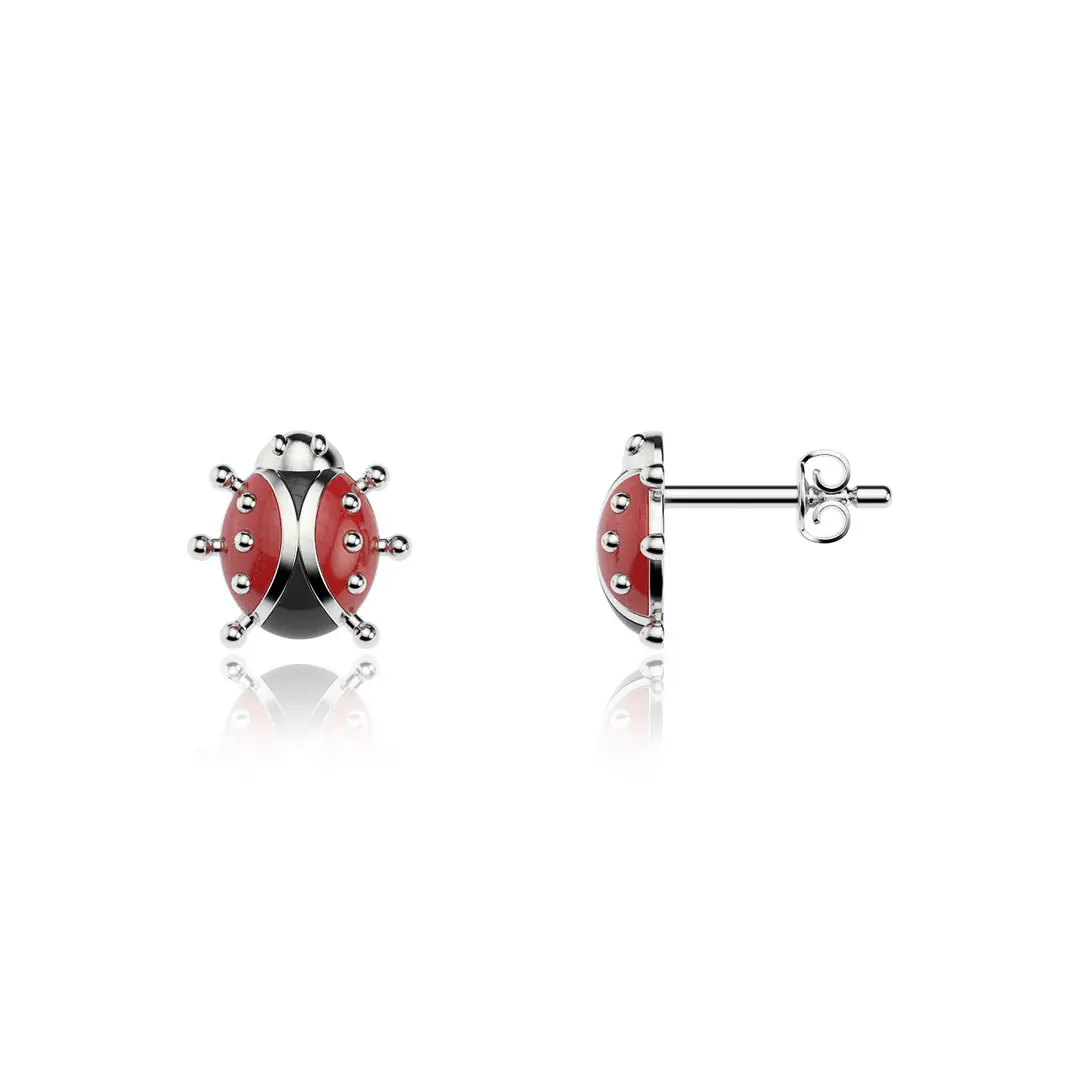 Enamel Charm Beetle White Silver Earrings