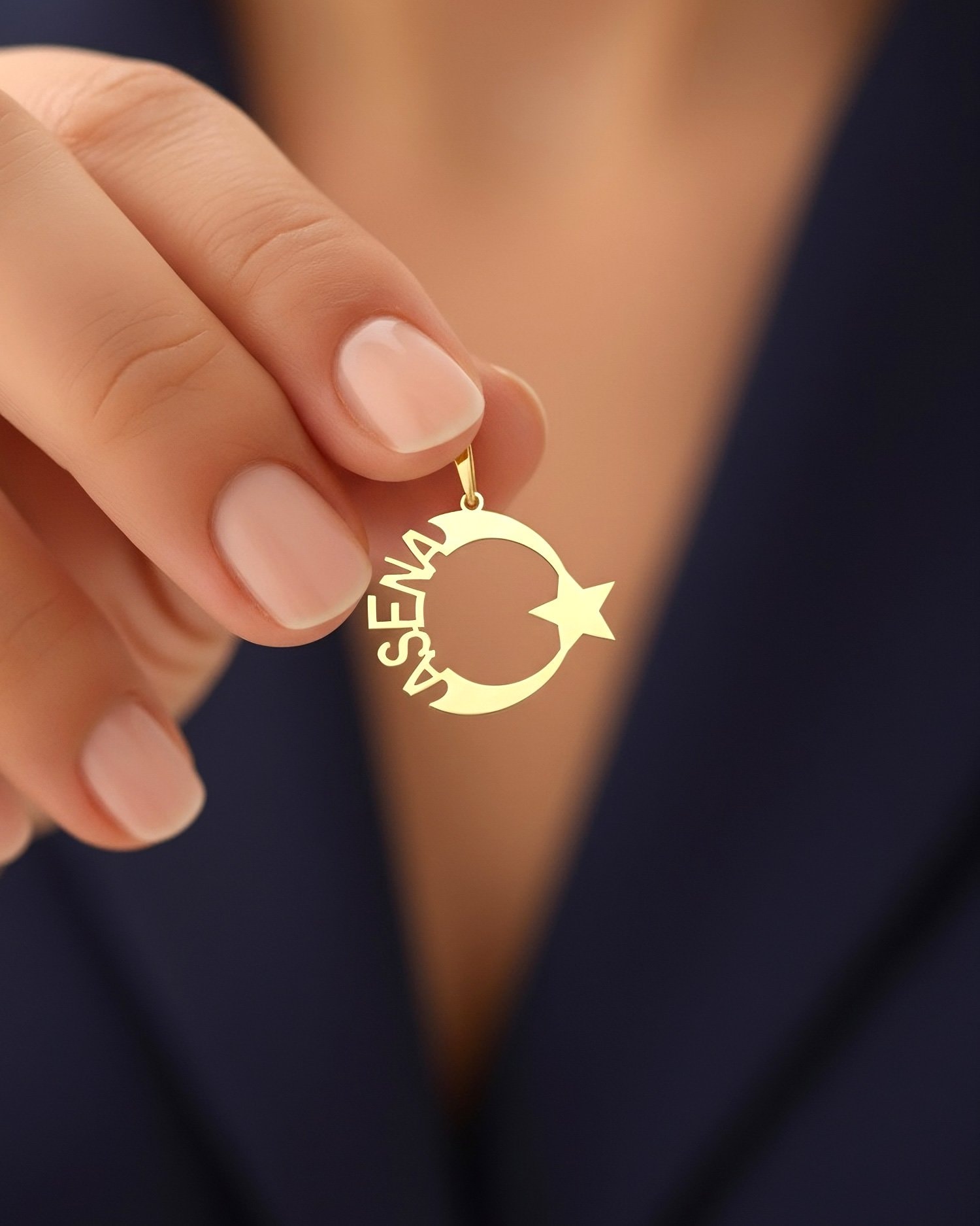 İsimli Ay Yıldız 14 Ayar Altın Kolye Ucu