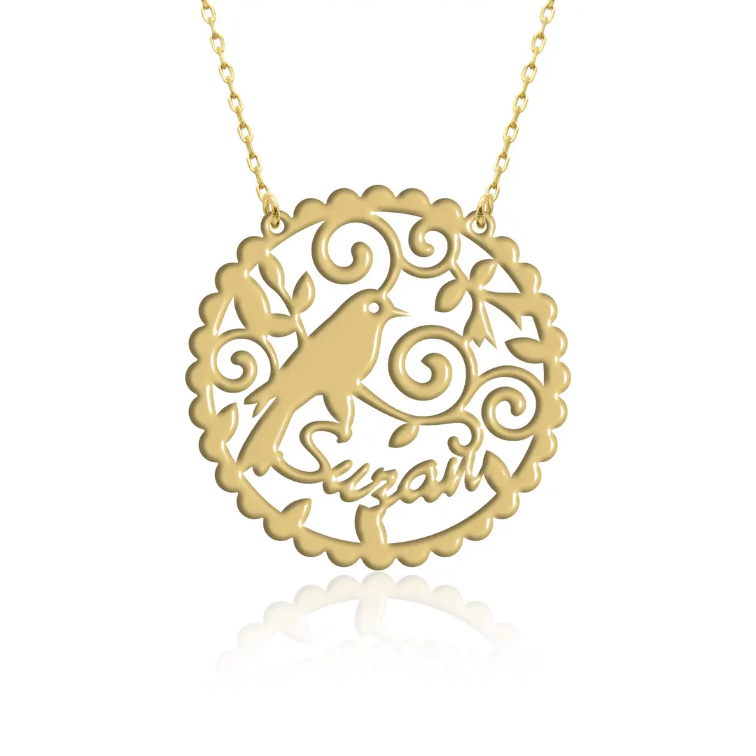 Bird Patterned Personalized Silver Necklace