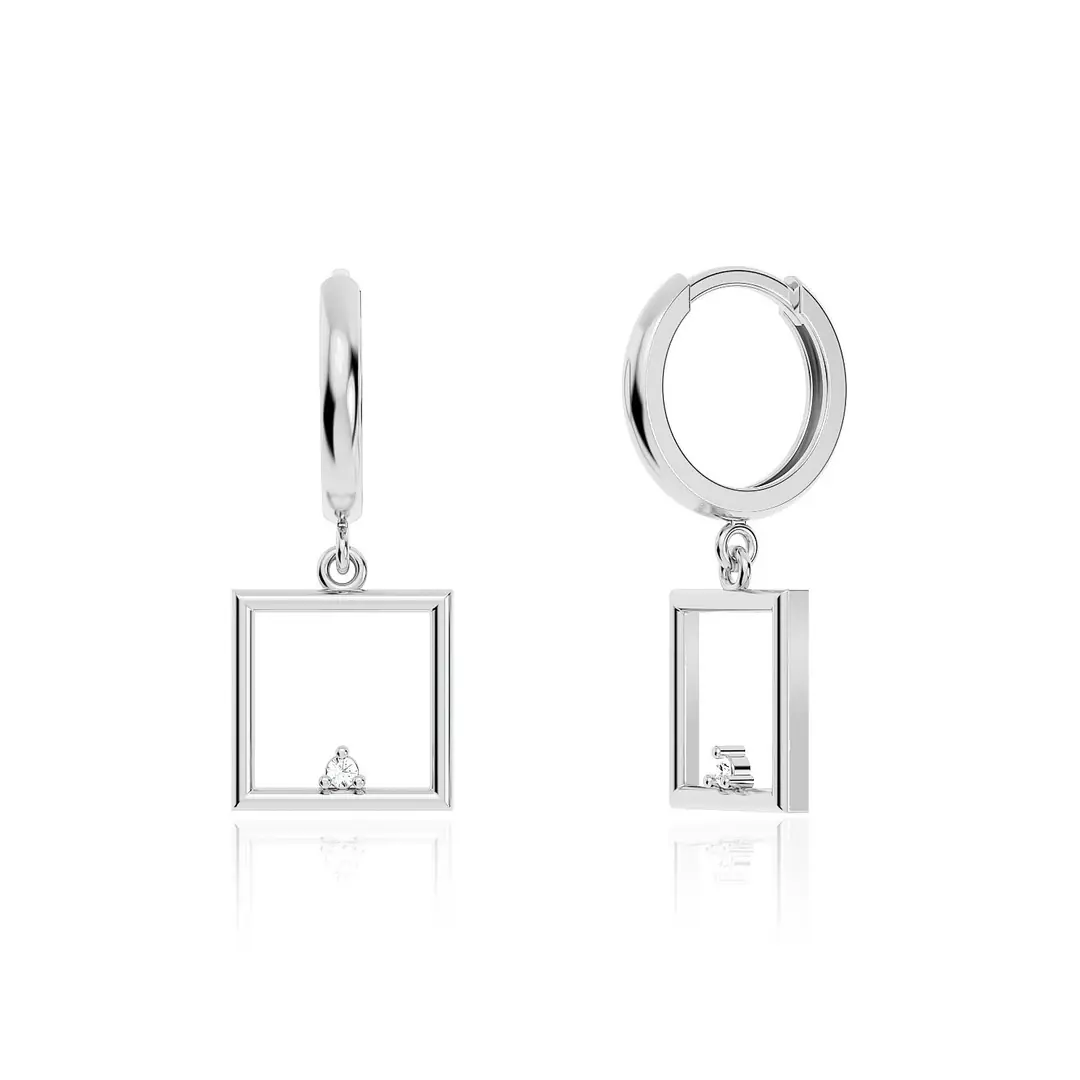 Small Square Frame White Silver Earrings