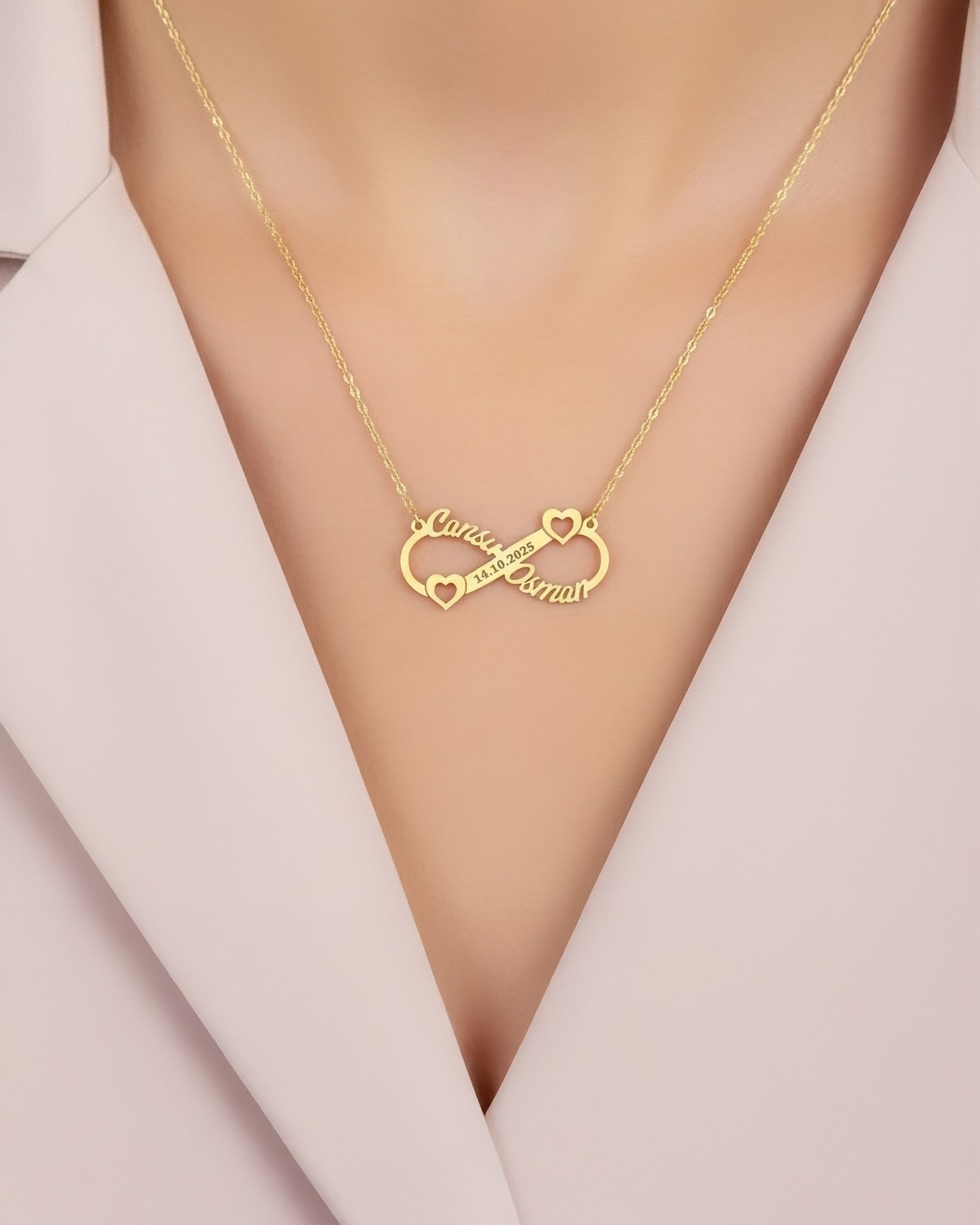 Kalpli İki İsimli Tarihli Sonsuzluk 14 Ayar Altın Kolye