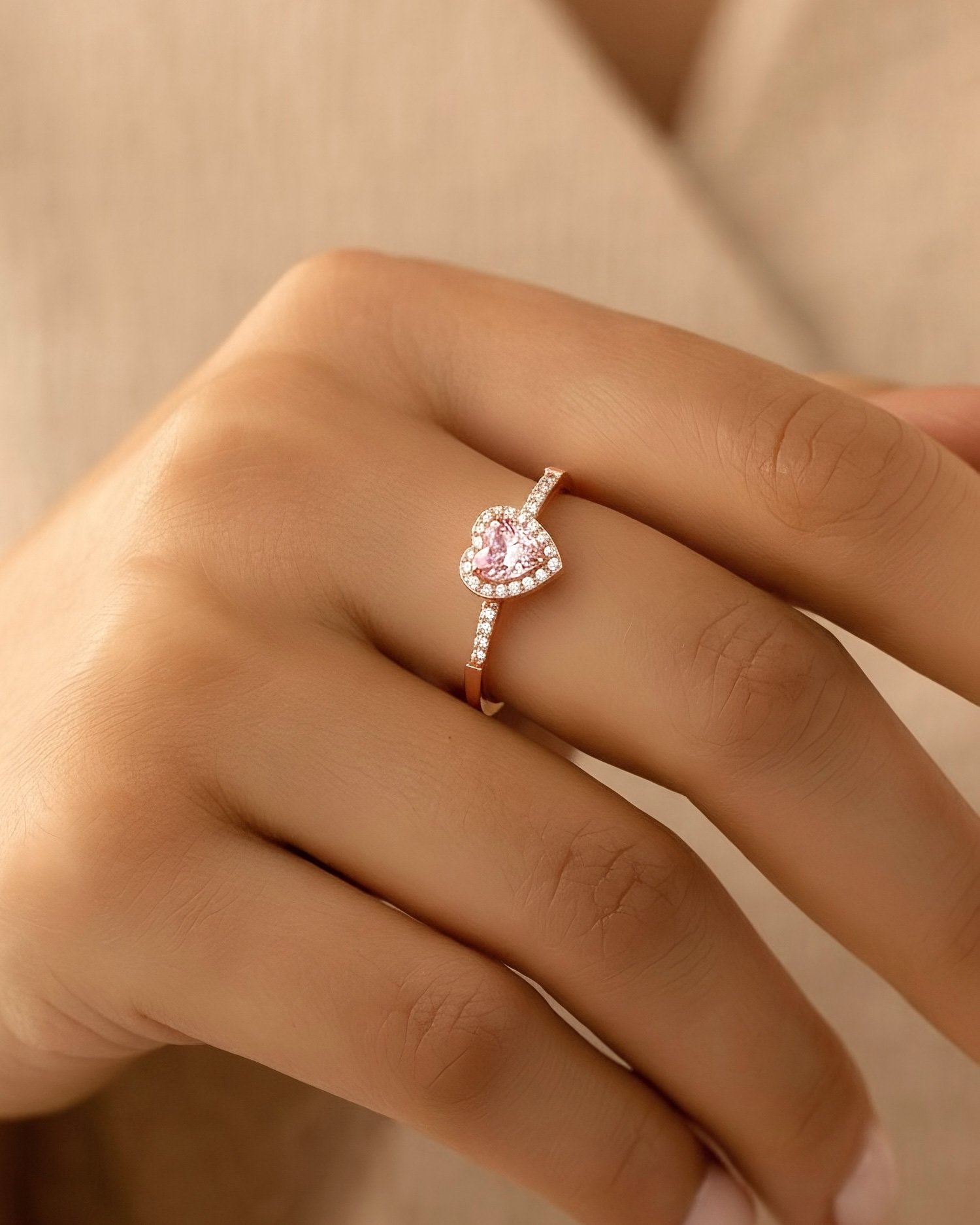 Pembe Kalp Taşlı Pırlanta Görünümlü Rose Gümüş Yüzük