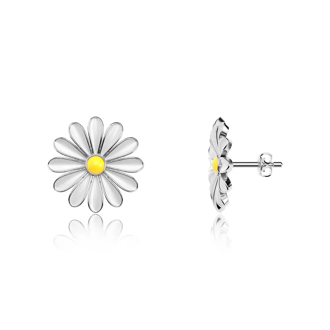 Enamel Daisy White Silver Earrings
