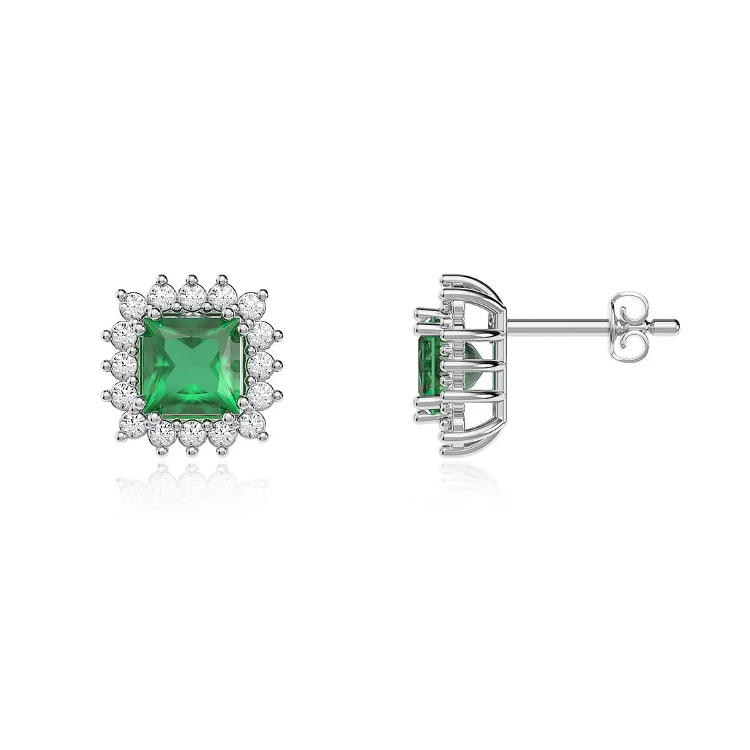 Square Green Stone-set Anturaj White Silver Earrings