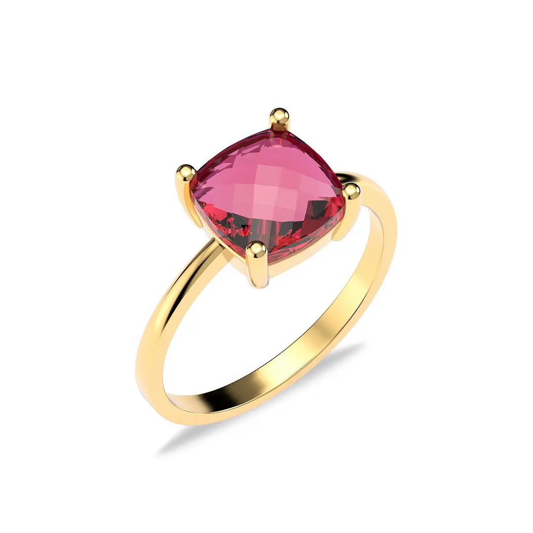 Square Fuşya Stone-set Solitaire Gold Plated Silver Ring