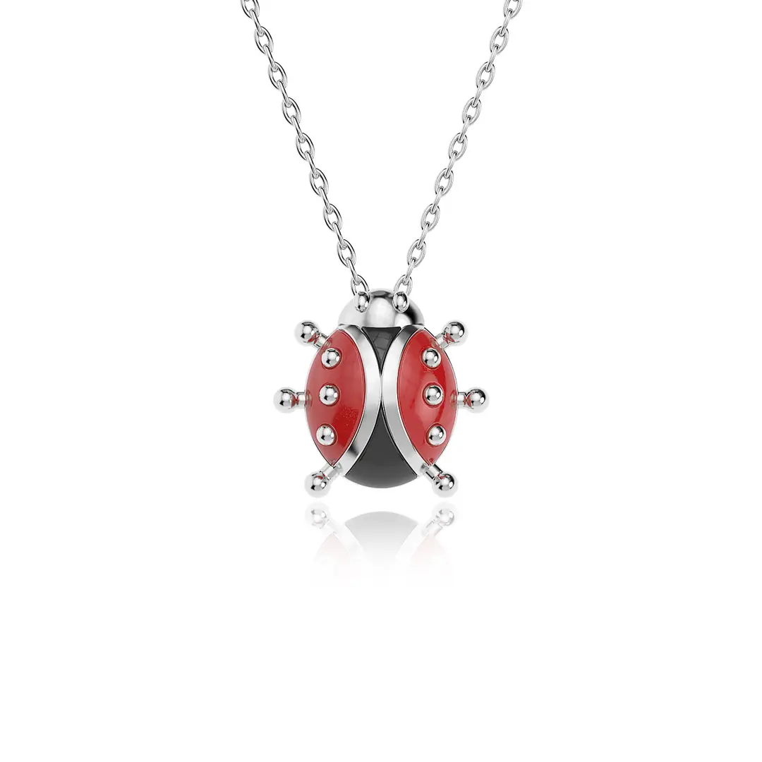 Enamel Charm Beetle White Silver Necklace