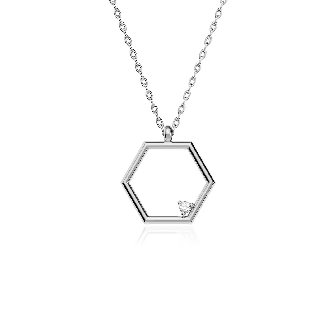 Small Hexagon Frame White Silver Necklace