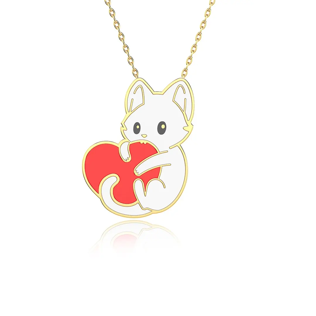 Enamel Heart Tutan Cat Gold Plated Silver Necklace