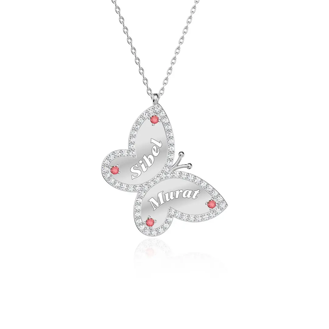 Personalized 2 Personalized Fuşya Butterfly White Silver Necklace