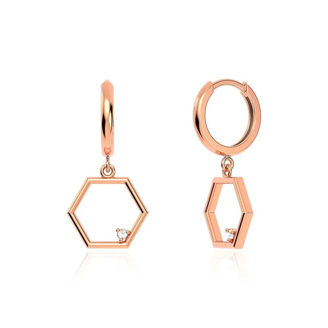 Small Hexagon Frame Rose Silver Earrings