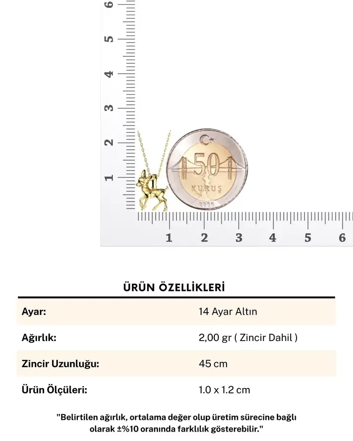 Üç Boyutlu Minik Ceylan 14 Ayar Altın Kolye