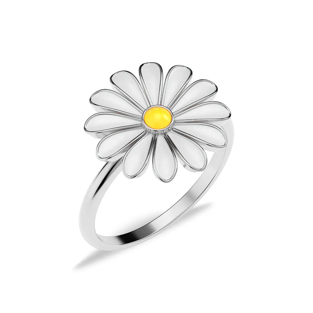 Enamel Daisy White Silver Ring