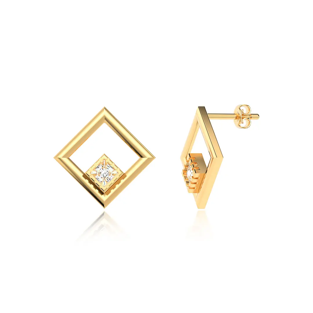 Square Frame Single Stone Gold Plated Silver Earrings