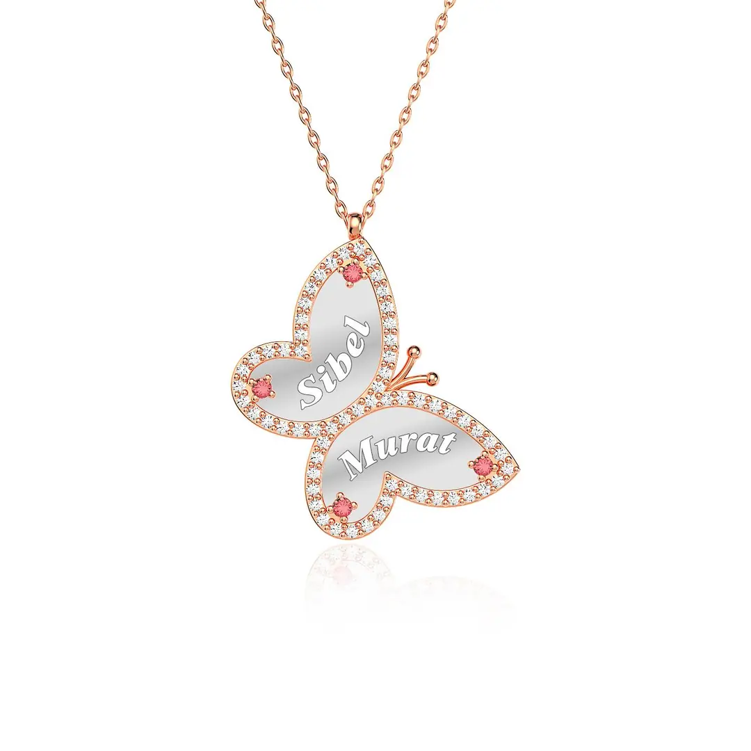 Personalized 2 Personalized Fuşya Butterfly Rose Silver Necklace