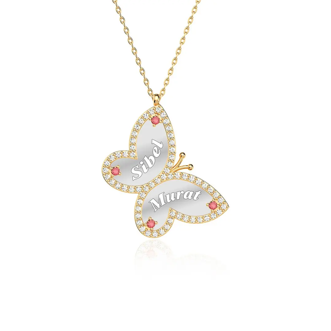 Personalized 2 Personalized Fuşya Butterfly Gold Plated Silver Necklace
