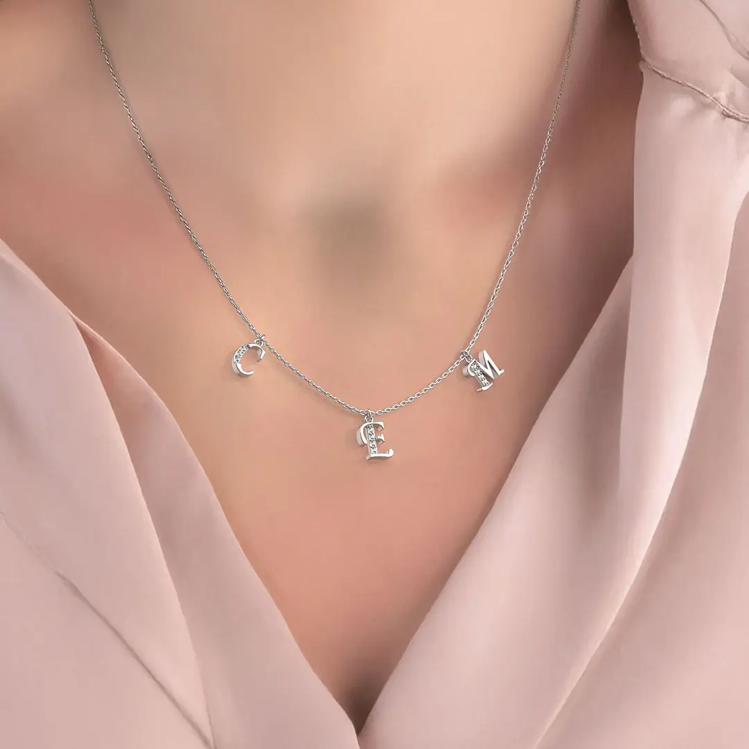 Personalized Three Initial Name White Silver Necklace