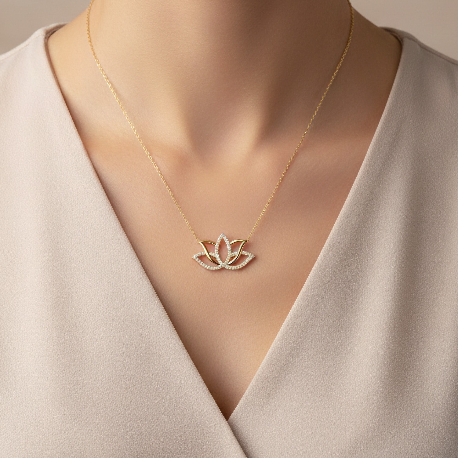 Stone Lotus Flower Gold Plated Silver Necklace