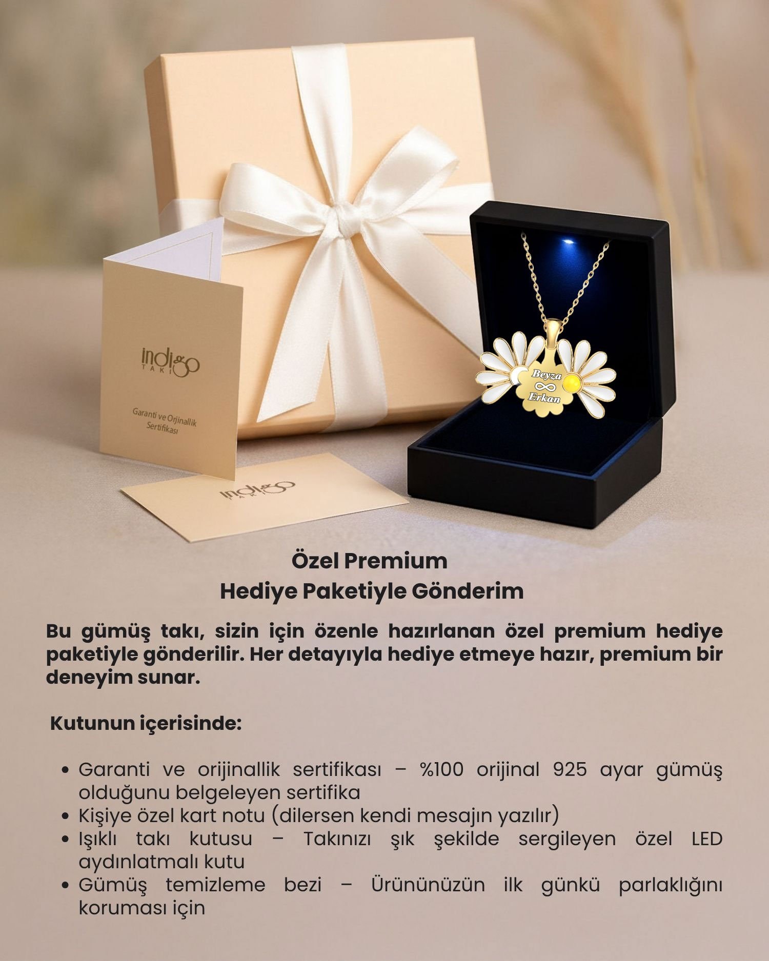 İsimli Açılan Papatya Premium Hediye Kutulu Gümüş Kolye