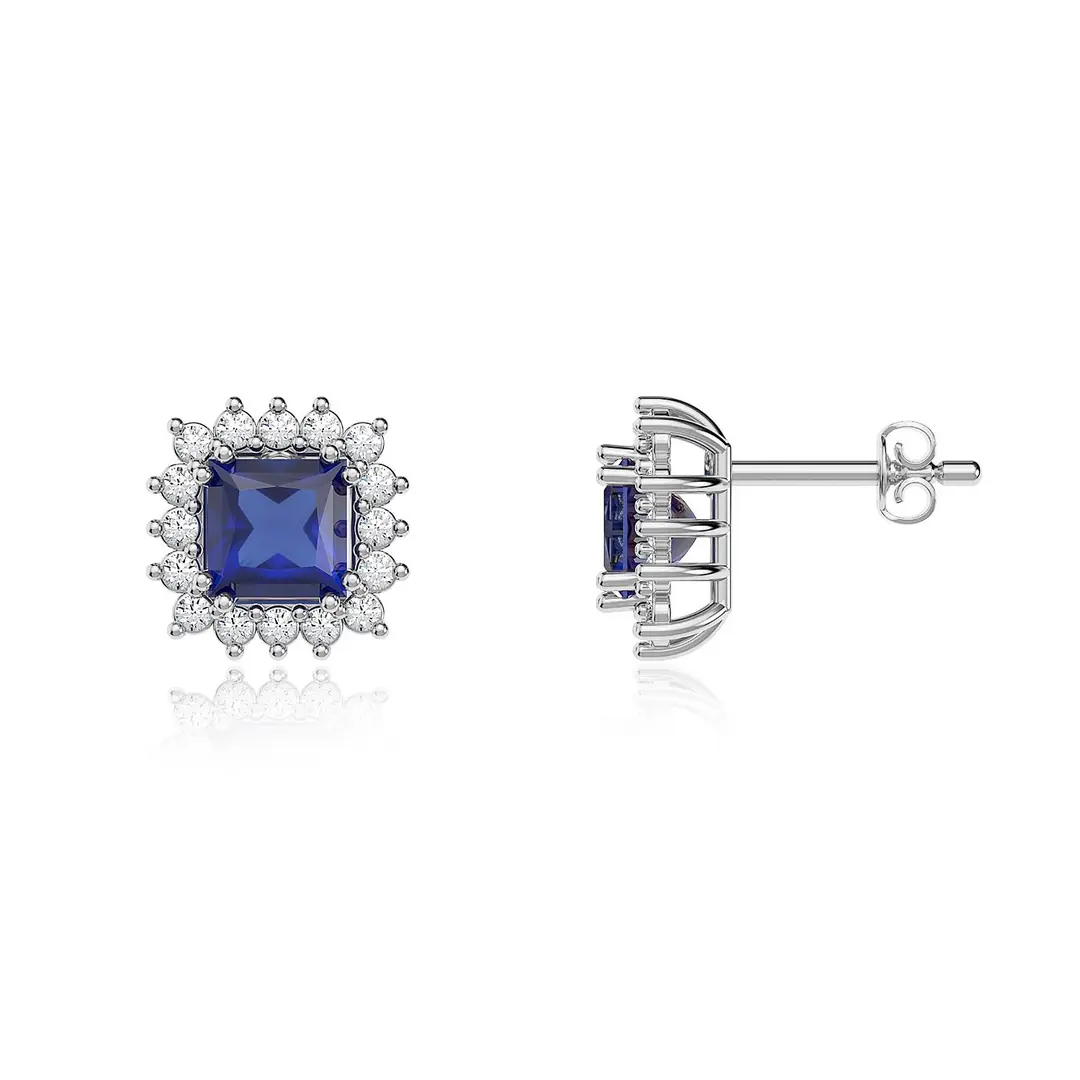 Square Sapphire Stone-set Anturaj White Silver Earrings