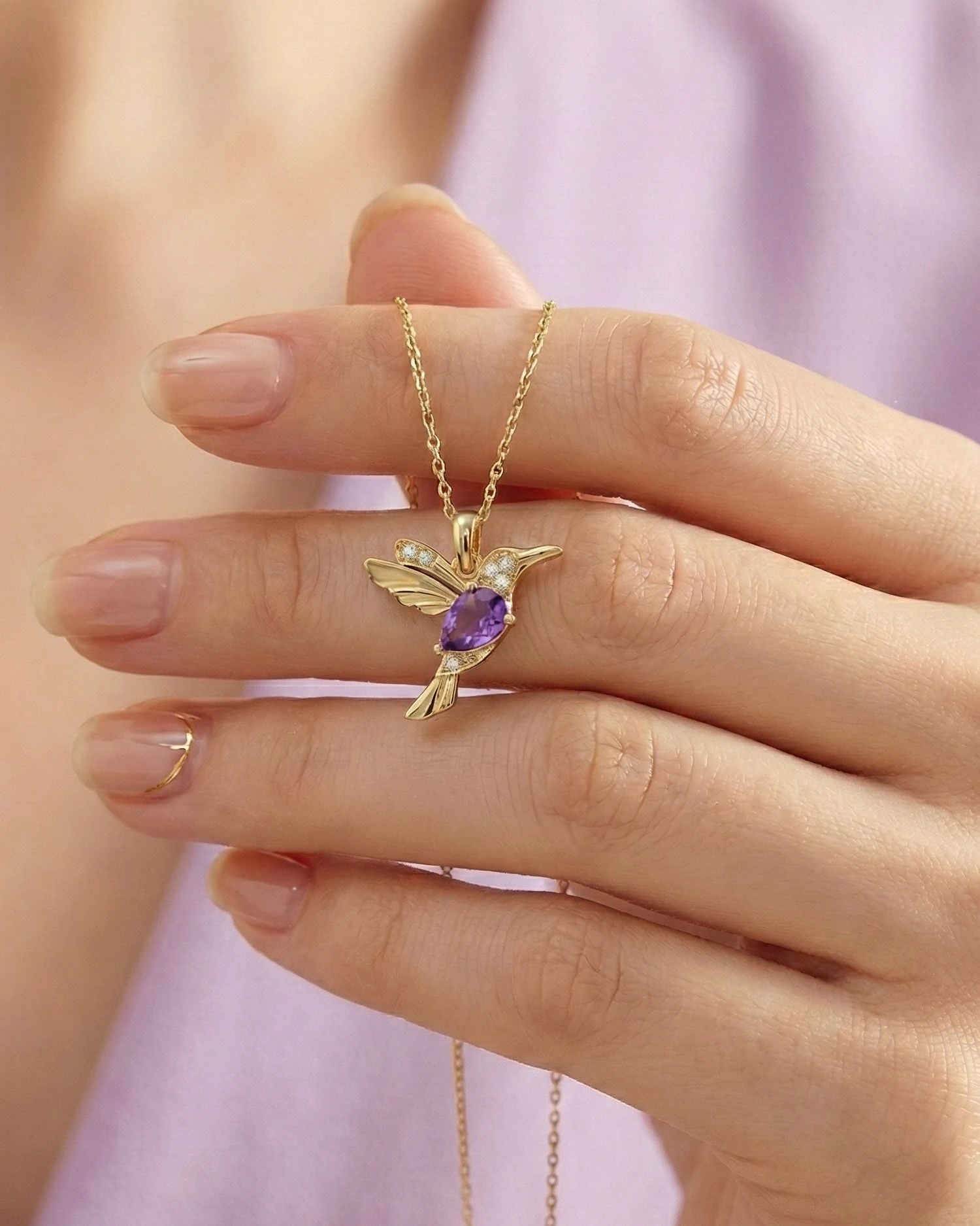 Ametist Damla Taşlı Arı Kuşu 14 Ayar Altın Kolye