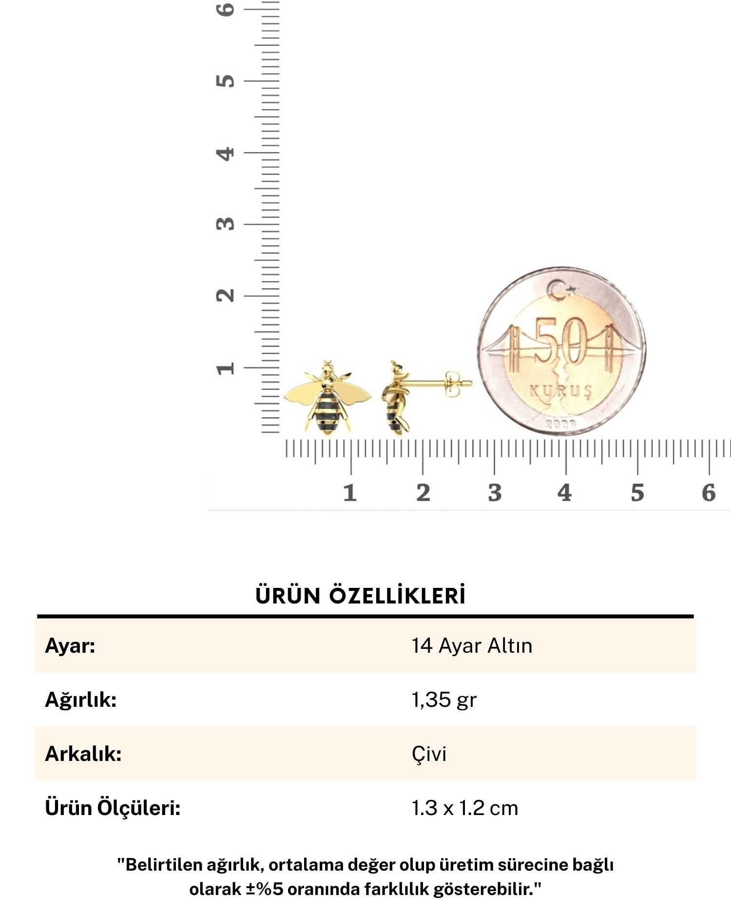 Mineli Arı 14 Ayar Altın Küpe