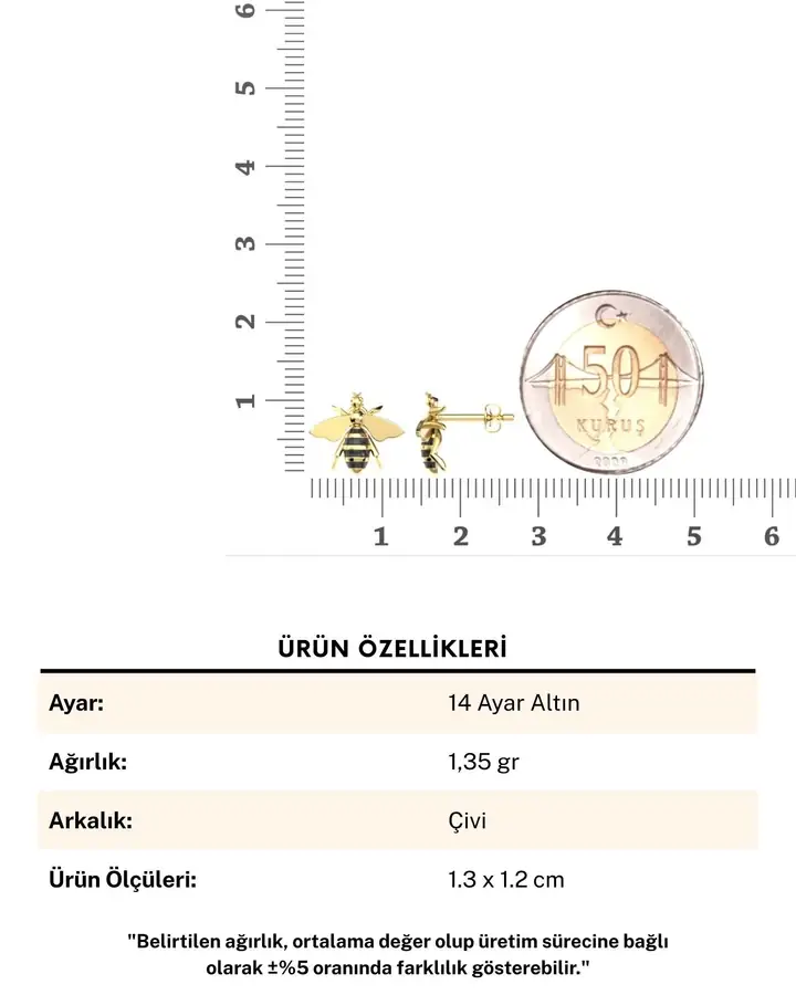 Mineli Arı 14 Ayar Altın Küpe